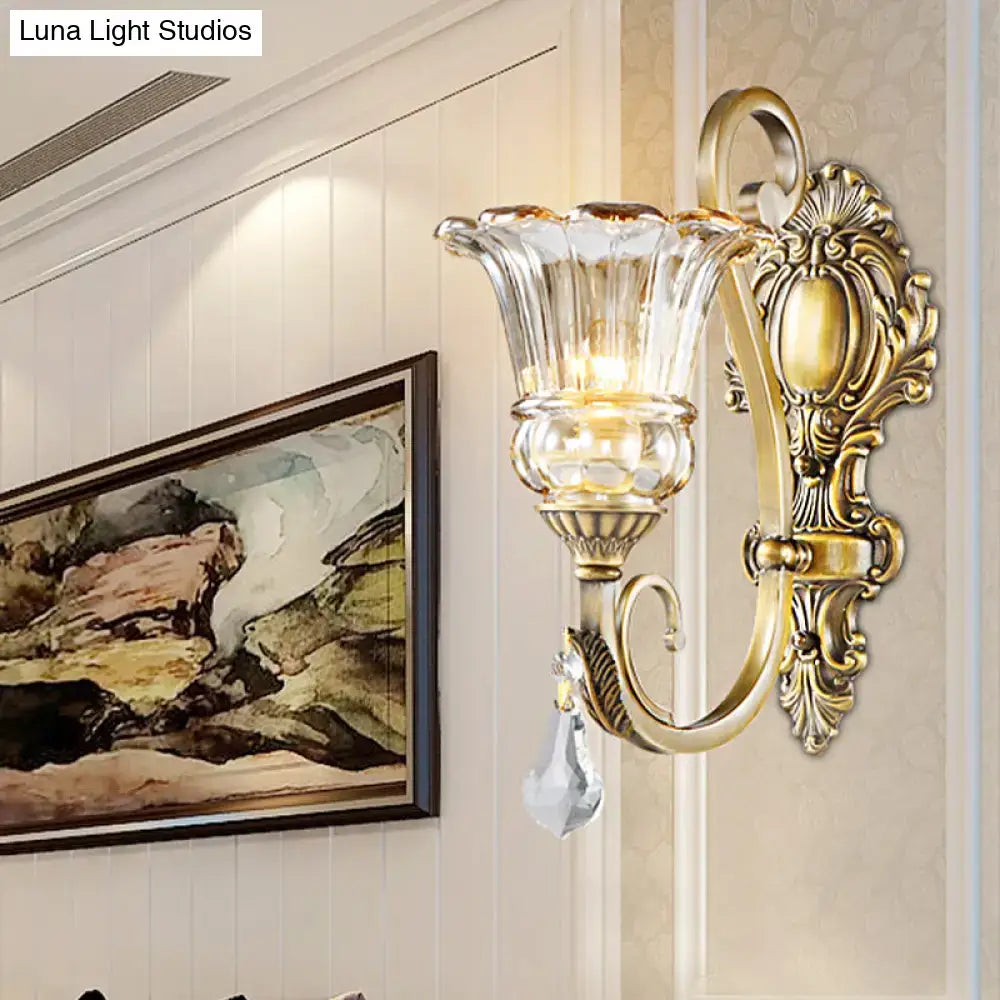 DecorBites™ Contemporary Brass Wall Mount Light with Crystal Drop - Flower Bedroom Sconce