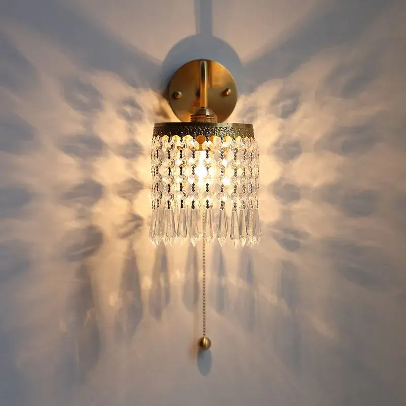 Antique brass crystal led wall sconce bedroom pull chain light