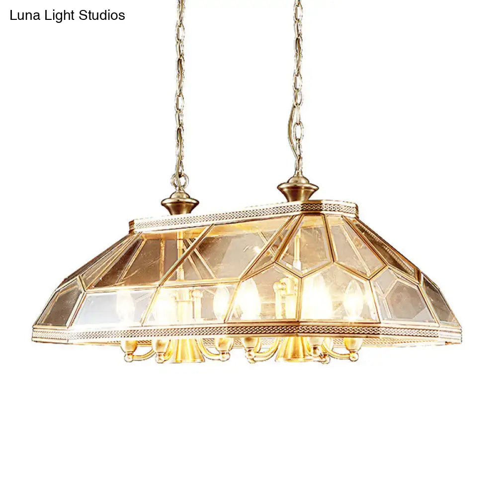DecorBites™ Colonialist Clear Glass Faceted Living Room Island Light with 12 Brass Hanging Lamp Heads