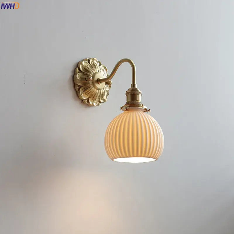 Antique brass ribbed glass wall lights bedroom sconce