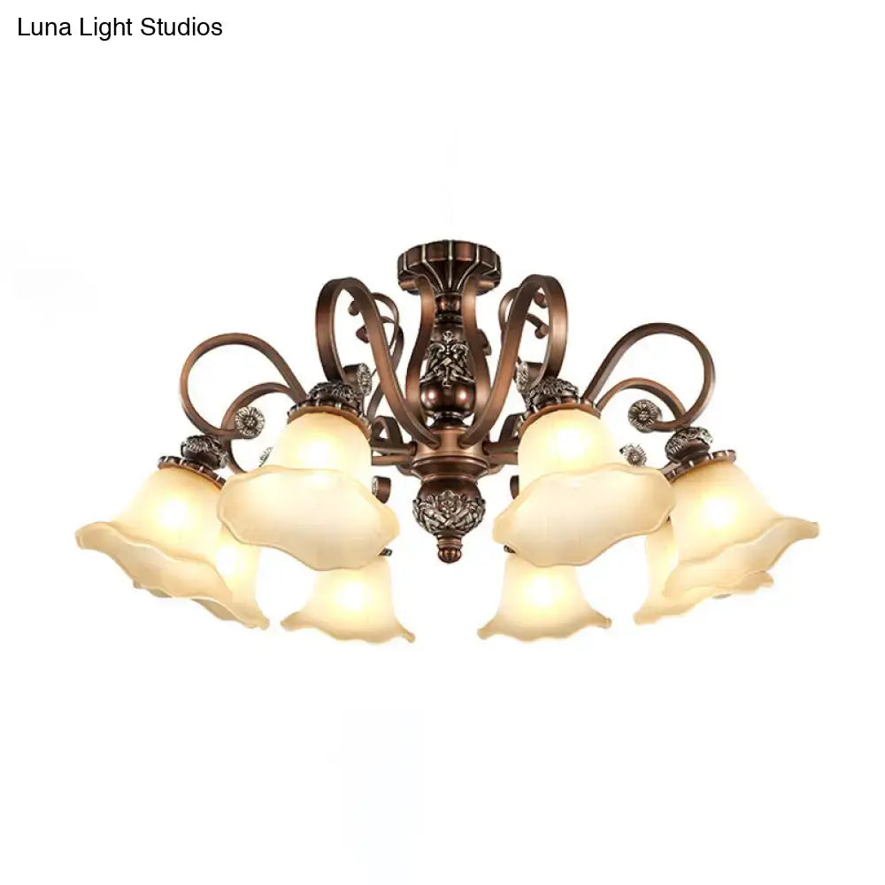 Antique bronze semi flush light with opal glass for living room