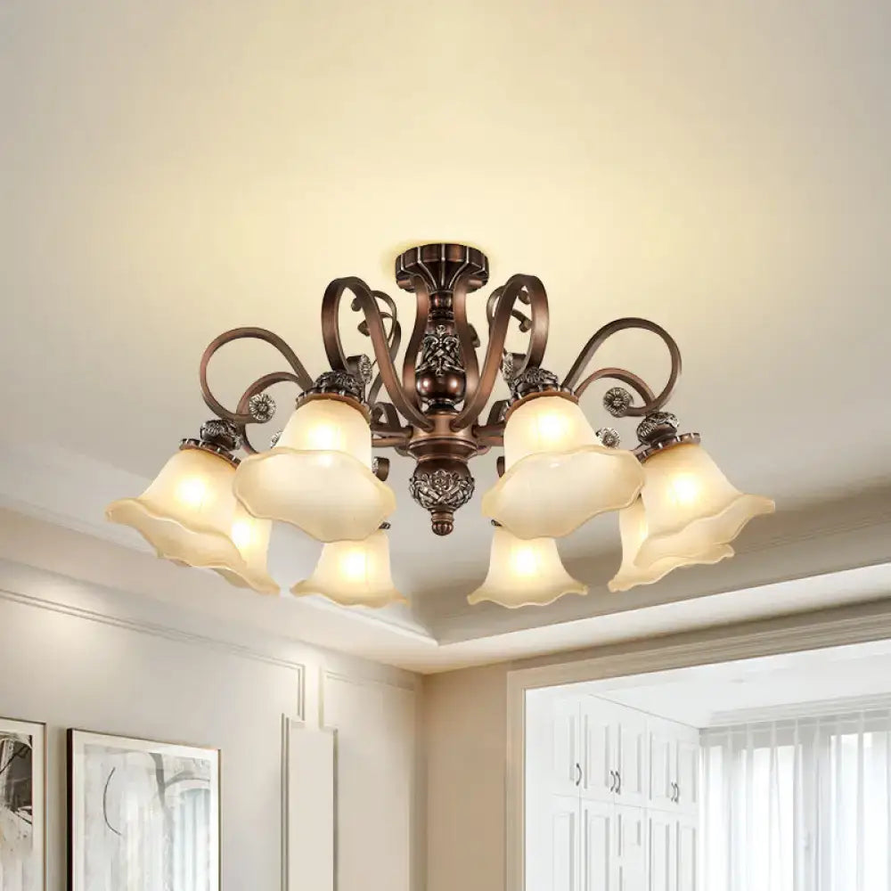 Antique bronze semi flush light with opal glass for living room