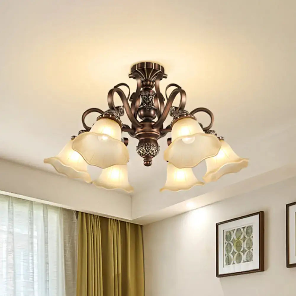Antique bronze semi flush light with opal glass for living room