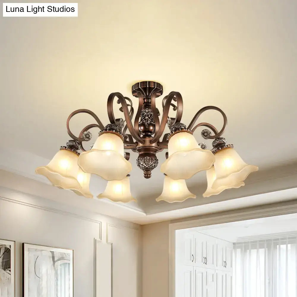 Antique bronze semi flush light with opal glass for living room