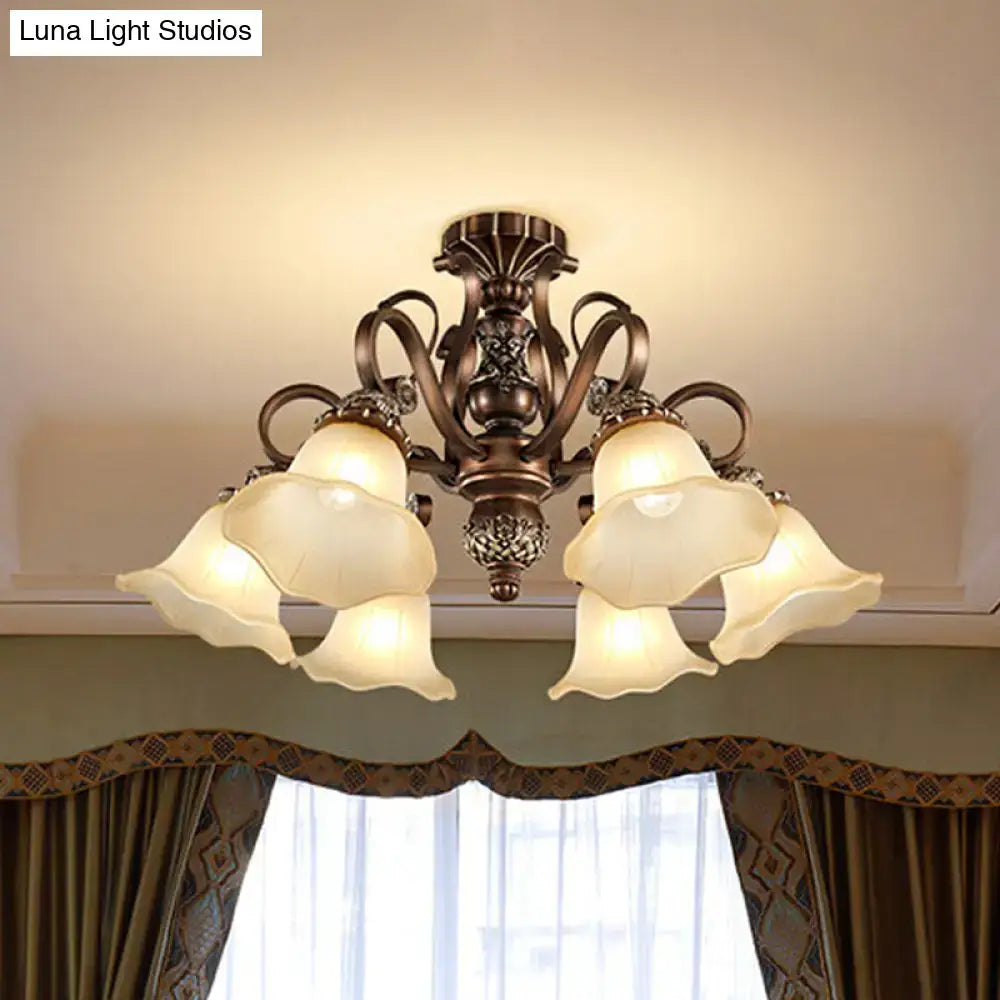 Antique bronze semi flush light with opal glass for living room