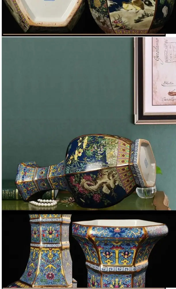 Antique blue & gold floral antique ceramic vase 24cm living room decor