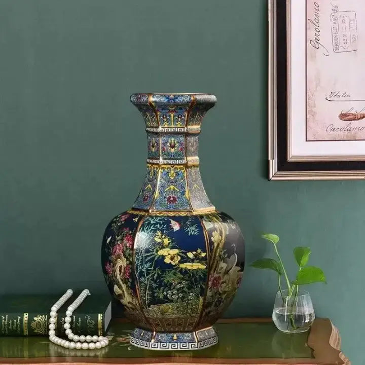 Antique blue & gold floral antique ceramic vase 24cm living room decor