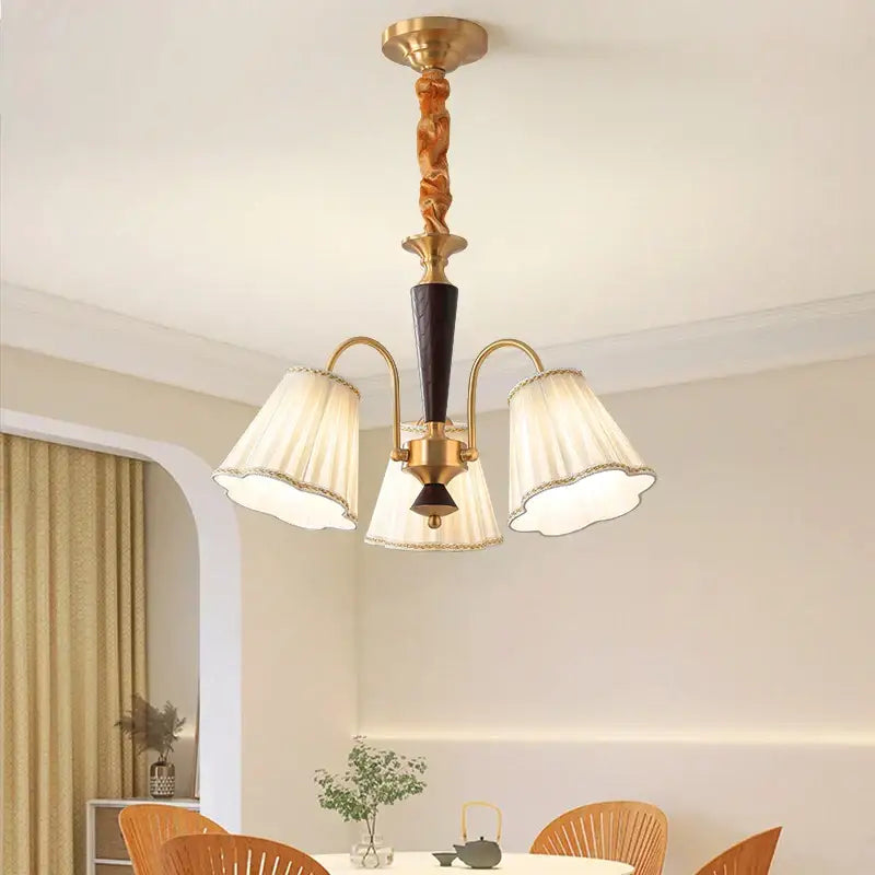Antique copper chandelier with pleated shades for dining room