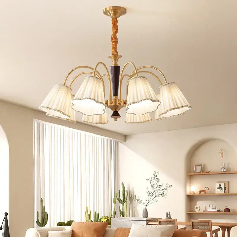 Antique copper chandelier with pleated shades for dining room