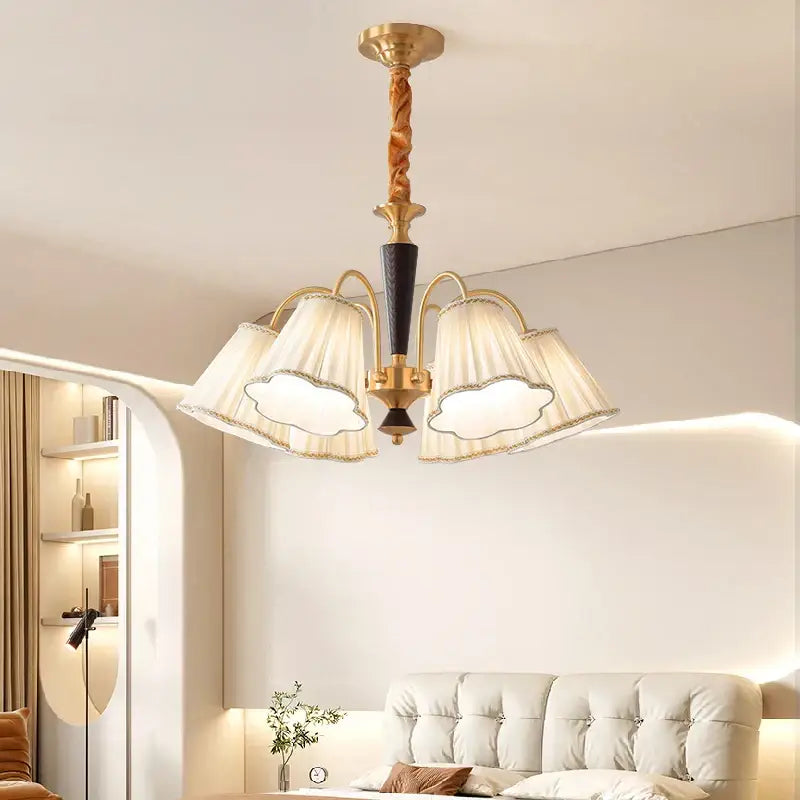 Antique copper chandelier with pleated shades for dining room