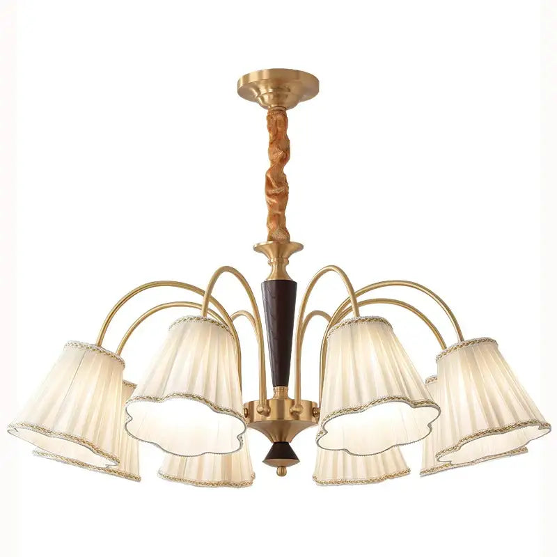 Antique copper chandelier with pleated shades for dining room