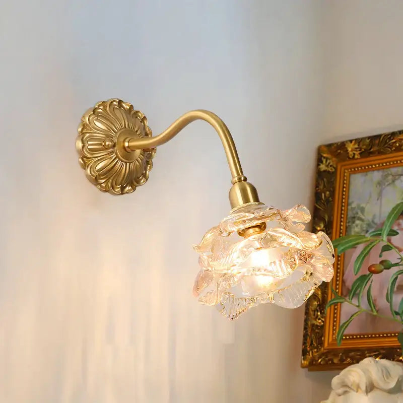 Antique pink rose glass wall lamp bedroom decorbites copper arm