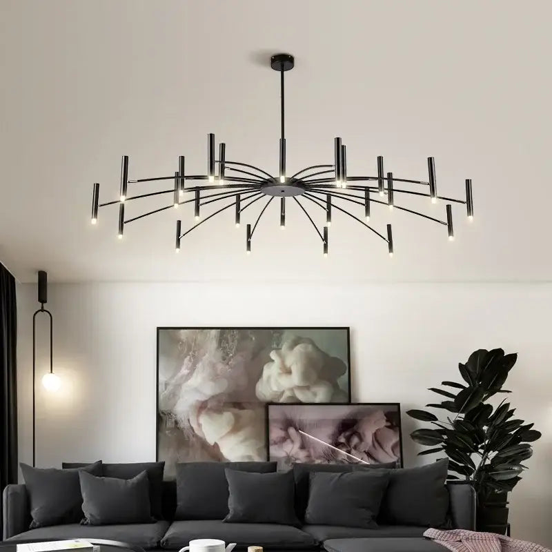 Art pendant chandelier black metal slender arm light living room