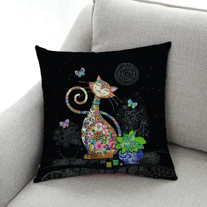 DecorBites™ Cat Print Black Short Plush Pillowcase for Modern Living Room Décor