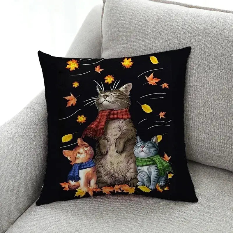 DecorBites™ Cat Print Black Short Plush Pillowcase for Modern Living Room Décor