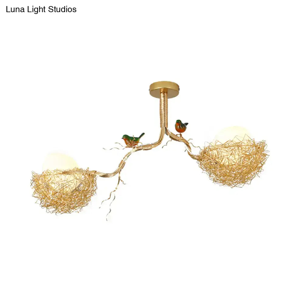DecorBites™ Artistry Milk White Glass Ball Chandelier Pendant 1/2/3-Light Golden Hanging Lamp with Birds and Hand Sewn Aluminum Nest