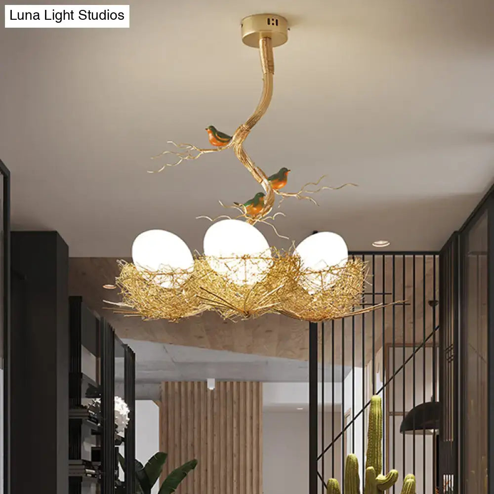 DecorBites™ Artistry Milk White Glass Ball Chandelier Pendant 1/2/3-Light Golden Hanging Lamp with Birds and Hand Sewn Aluminum Nest