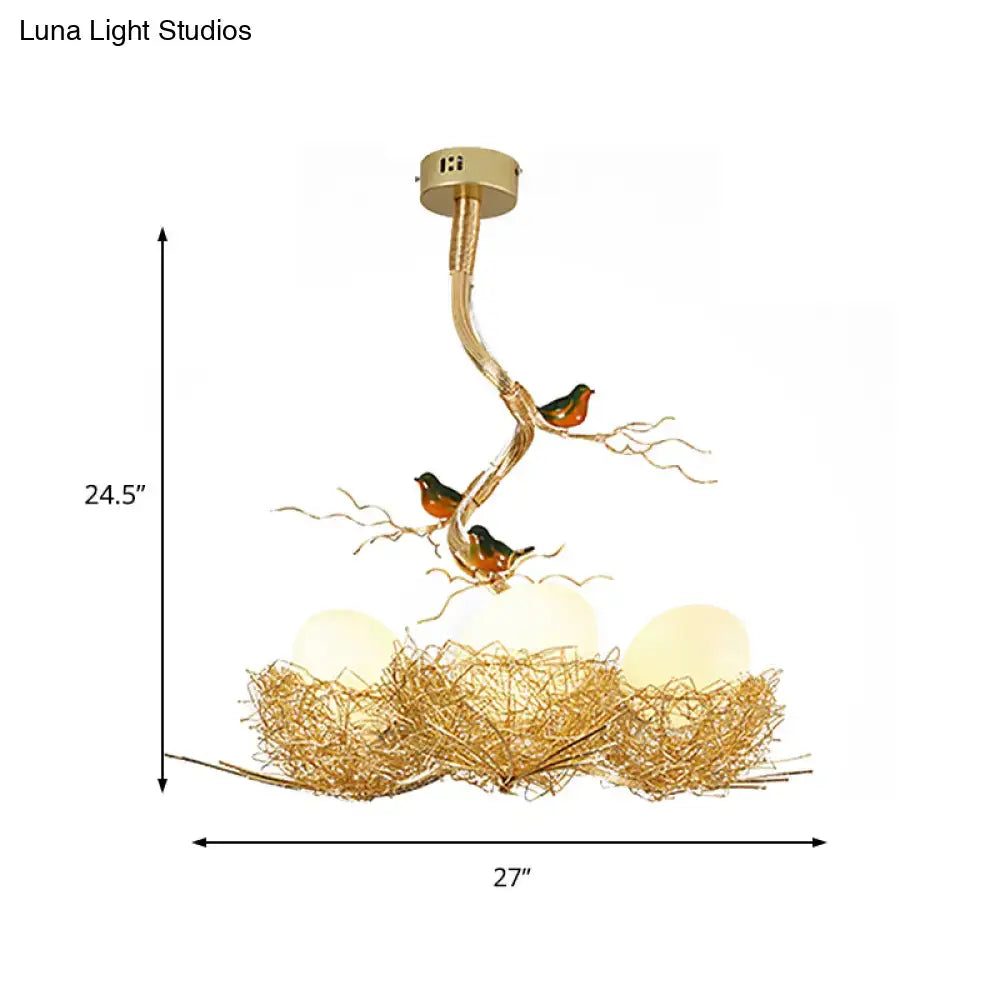 DecorBites™ Artistry Milk White Glass Ball Chandelier Pendant 1/2/3-Light Golden Hanging Lamp with Birds and Hand Sewn Aluminum Nest