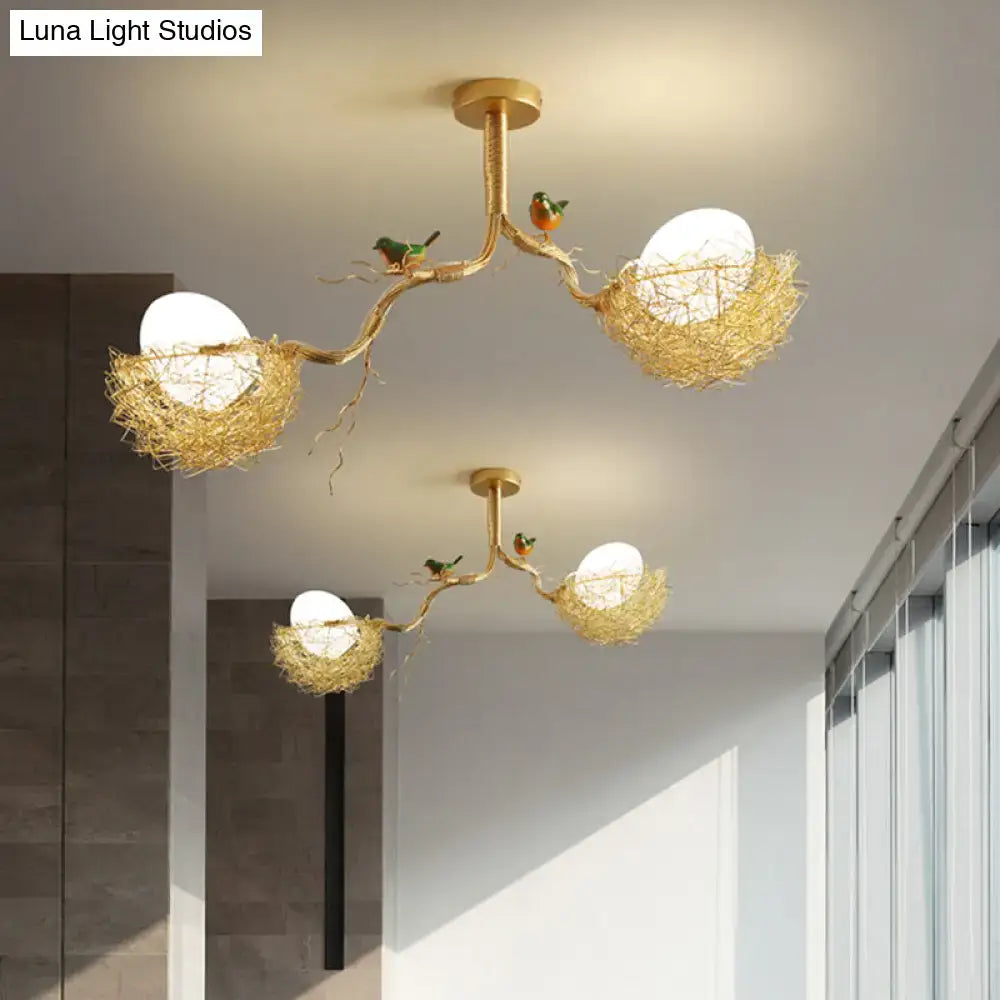 DecorBites™ Artistry Milk White Glass Ball Chandelier Pendant 1/2/3-Light Golden Hanging Lamp with Birds and Hand Sewn Aluminum Nest