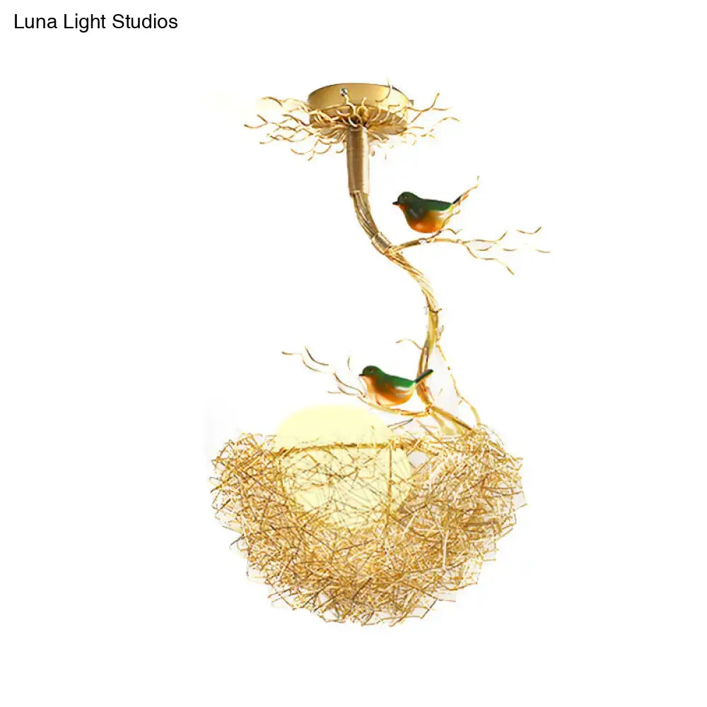 DecorBites™ Artistry Milk White Glass Ball Chandelier Pendant 1/2/3-Light Golden Hanging Lamp with Birds and Hand Sewn Aluminum Nest