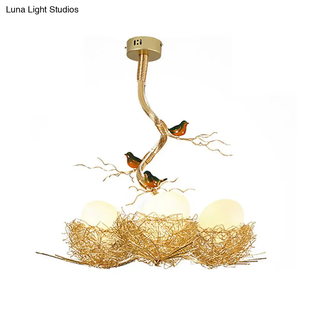 DecorBites™ Artistry Milk White Glass Ball Chandelier Pendant 1/2/3-Light Golden Hanging Lamp with Birds and Hand Sewn Aluminum Nest