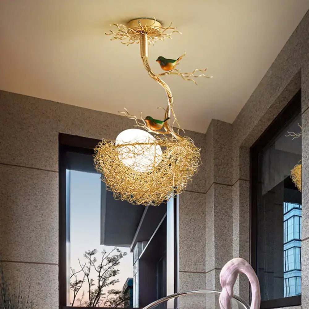 DecorBites™ Artistry Milk White Glass Ball Chandelier Pendant 1/2/3-Light Golden Hanging Lamp with Birds and Hand Sewn Aluminum Nest