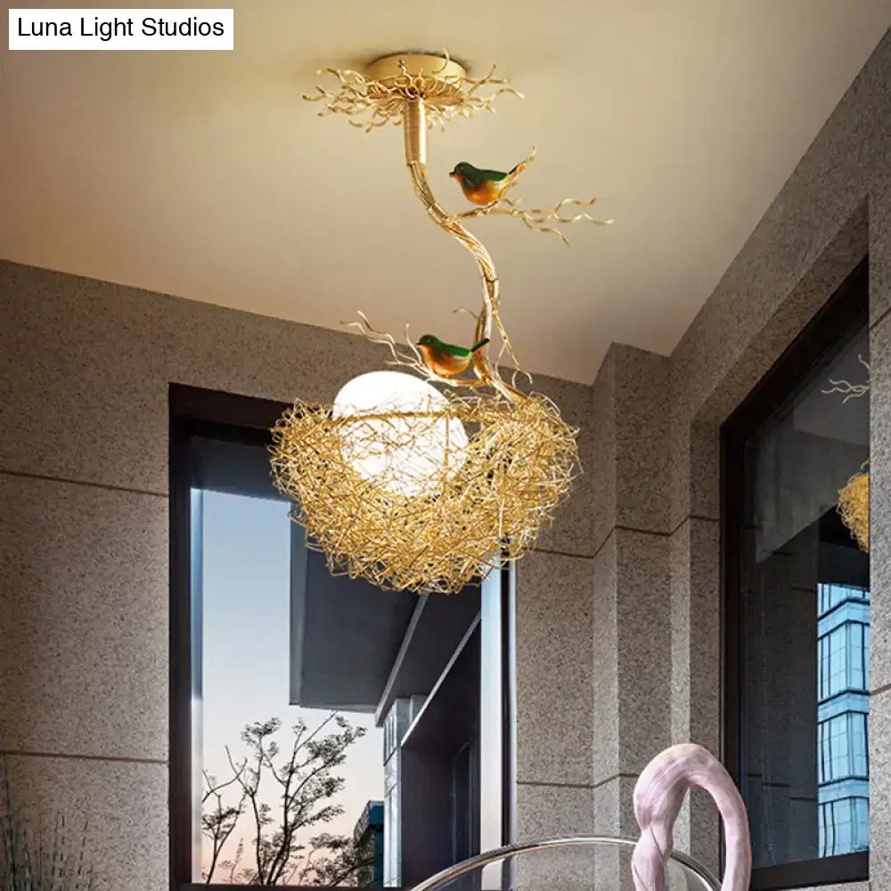 DecorBites™ Artistry Milk White Glass Ball Chandelier Pendant 1/2/3-Light Golden Hanging Lamp with Birds and Hand Sewn Aluminum Nest