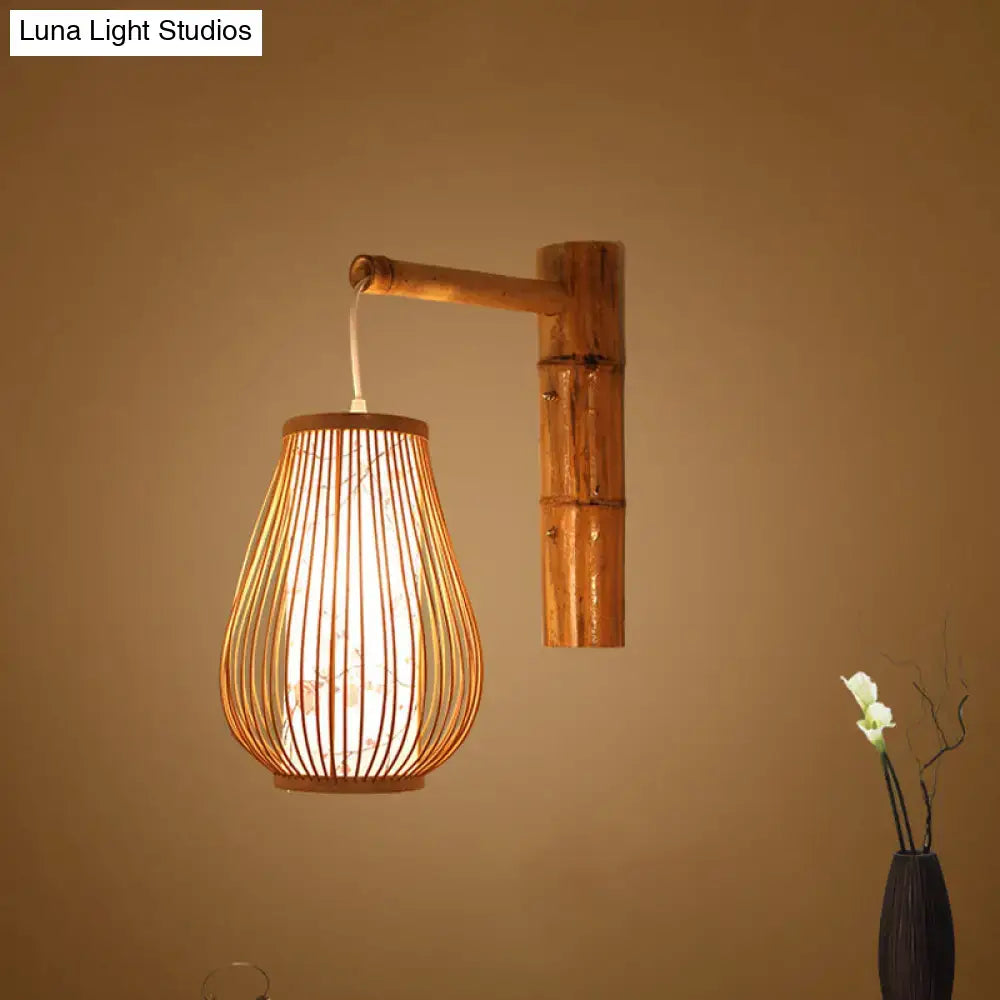 DecorBites™ Bamboo Teardrop Sconce: Asian-Inspired Indoor Beige Wall Lamp with Inner Cylindrical Shade