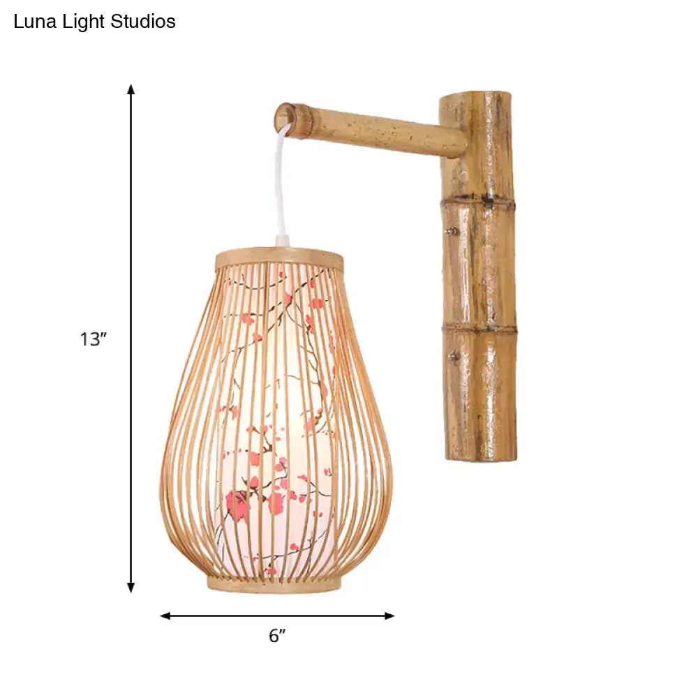 DecorBites™ Bamboo Teardrop Sconce: Asian-Inspired Indoor Beige Wall Lamp with Inner Cylindrical Shade