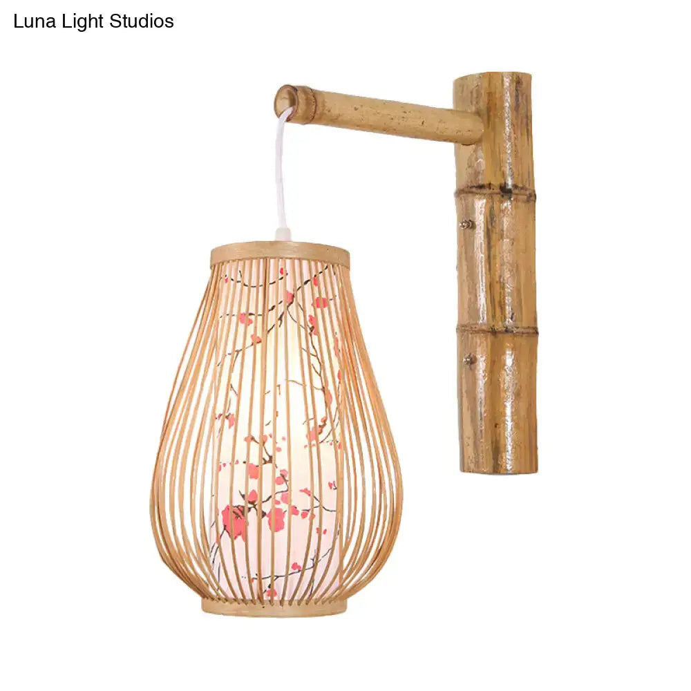 DecorBites™ Bamboo Teardrop Sconce: Asian-Inspired Indoor Beige Wall Lamp with Inner Cylindrical Shade