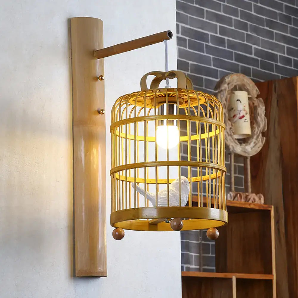 Asian wood cage design wall sconce bedroom white bird deco lamp