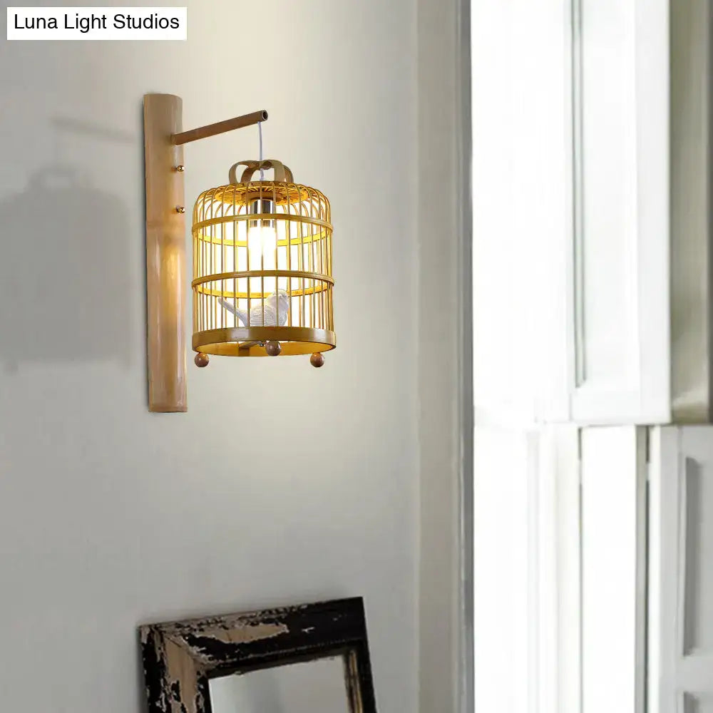 Asian wood cage design wall sconce bedroom white bird deco lamp