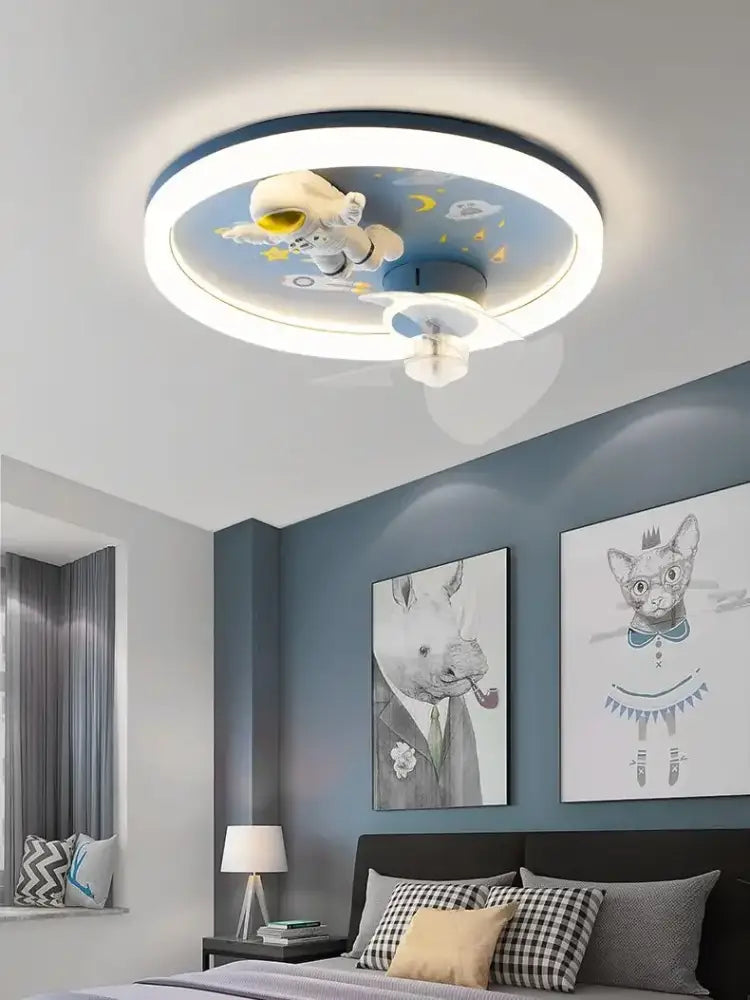 Astronaut blue & yellow ceiling fan light bedroom space fixture