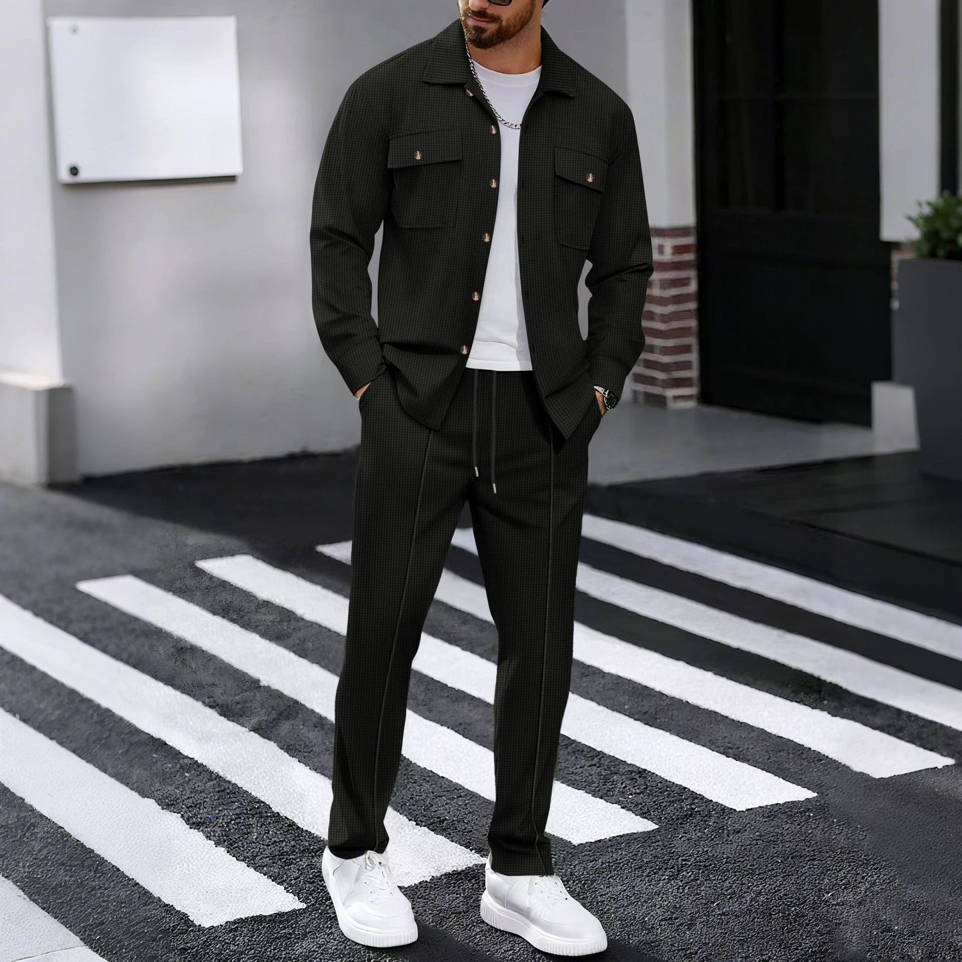 Autumn New Waffle Long-sleeved Trousers Two-piece Set Cardigan Shirt Suit