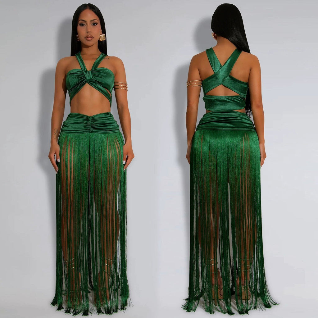 Sexy Shoulder Strap Top Tassel Skirt Two-piece Set