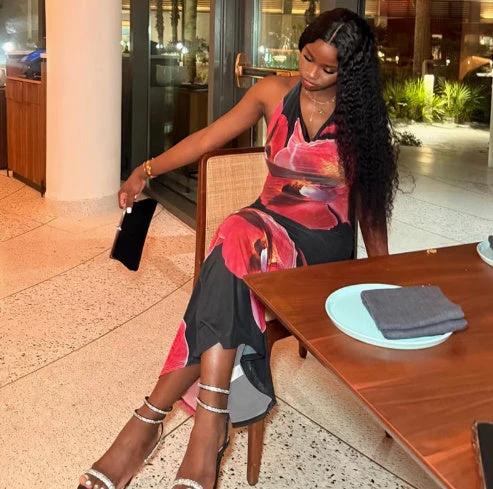 Halter Floral Mesh Backless Maxi Dress