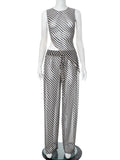 Women's Sleeveless Diagonal Stripes See-through Irregular Top Suit