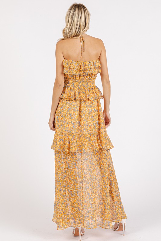 Ruffled Smocked Floral Halter Neck Maxi Dress – Elegant and Feminine Floral Maxi Dress with Smocked Waist and Ruffled Detailing