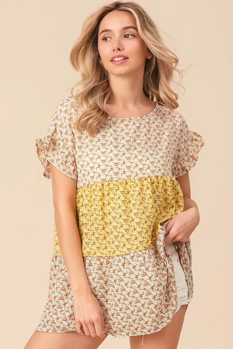 BiBi Flroal Printed Woven Color Block and Tiered Top