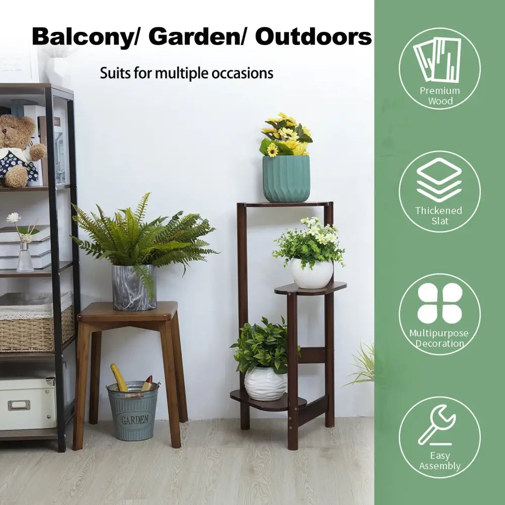 Dark wood bamboo corner plant stand living room 3 tier shelf