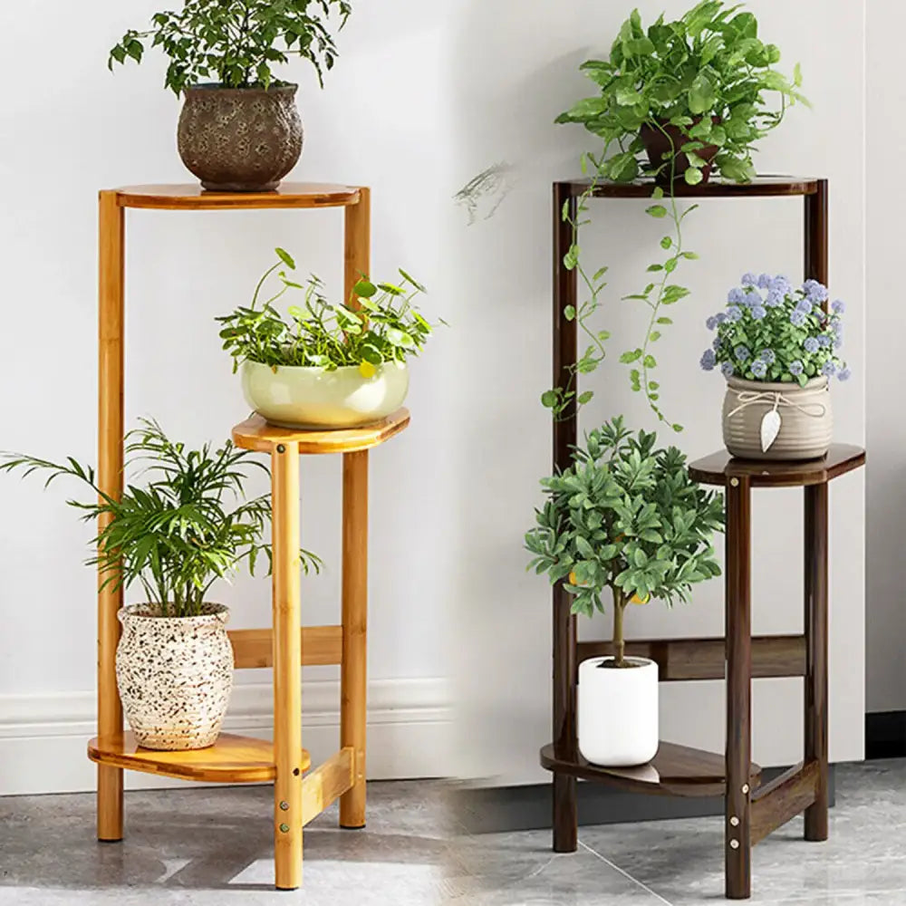 Dark wood bamboo corner plant stand living room 3 tier shelf