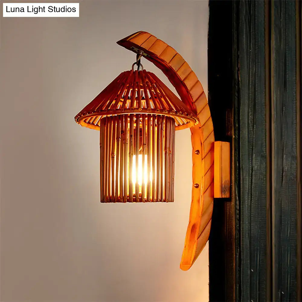 DecorBites™ Bamboo Country House Wall Sconce with Arc Arm - Brown