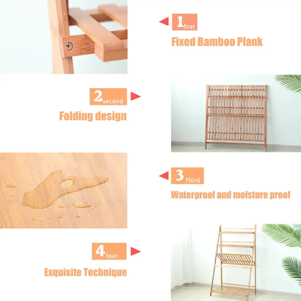 Modern folding light brown bamboo plant stand living room 3 tier shelf