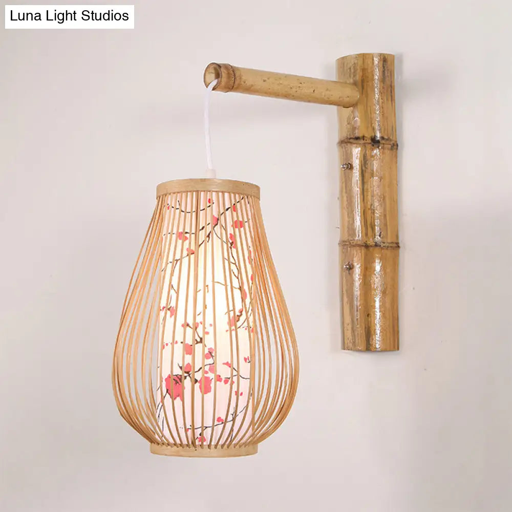 DecorBites™ Bamboo Teardrop Sconce: Asian-Inspired Indoor Beige Wall Lamp with Inner Cylindrical Shade