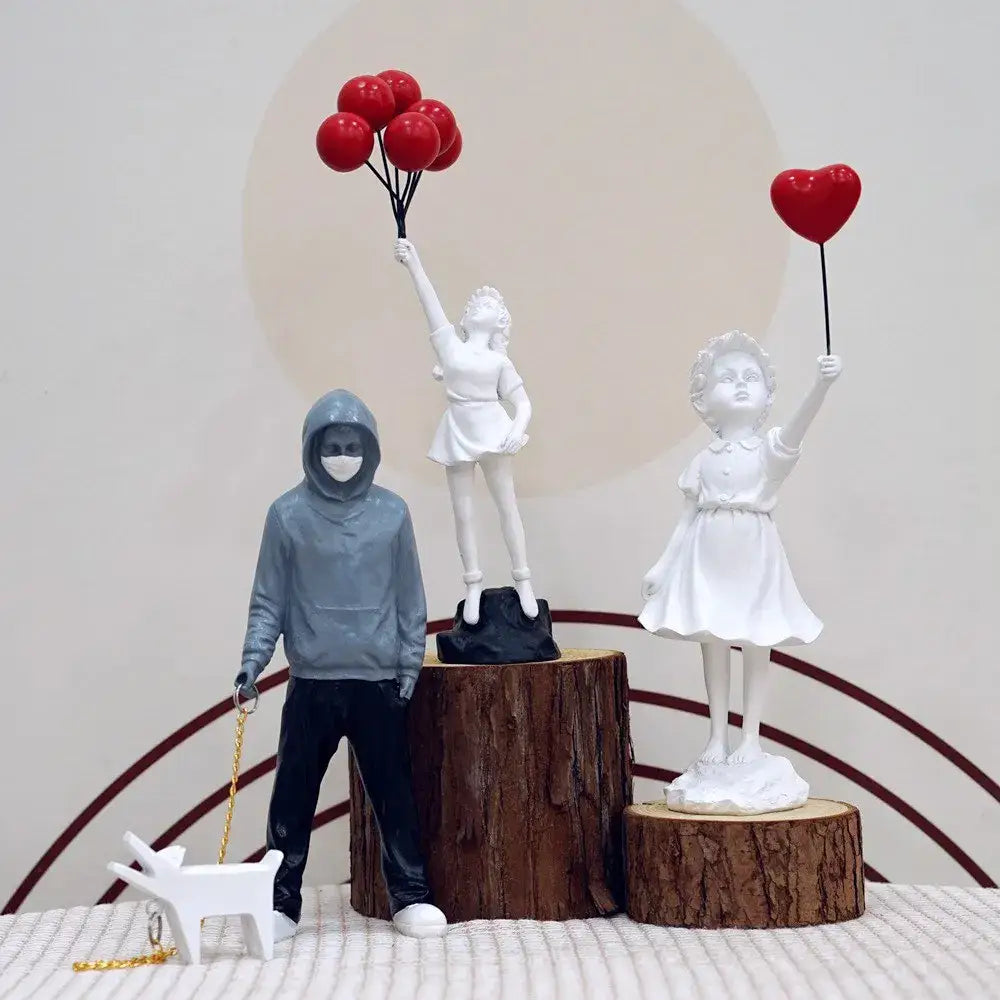 DecorBites™ Banksy Sculpture Collection: Flower Thrower & Balloon Girl Figurines for Home & Office