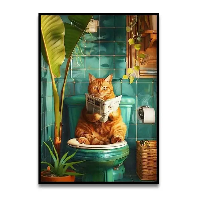 Funny black cat reading newspaper canvas wall art for bathroom