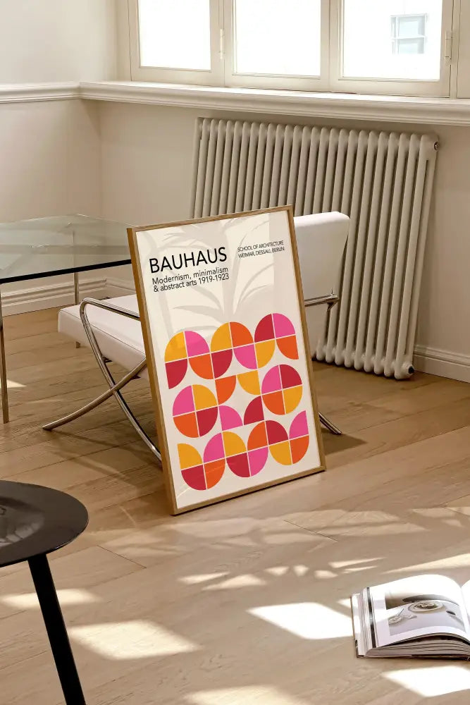 Mid-century bauhaus navy and brown geometric wall art living room
