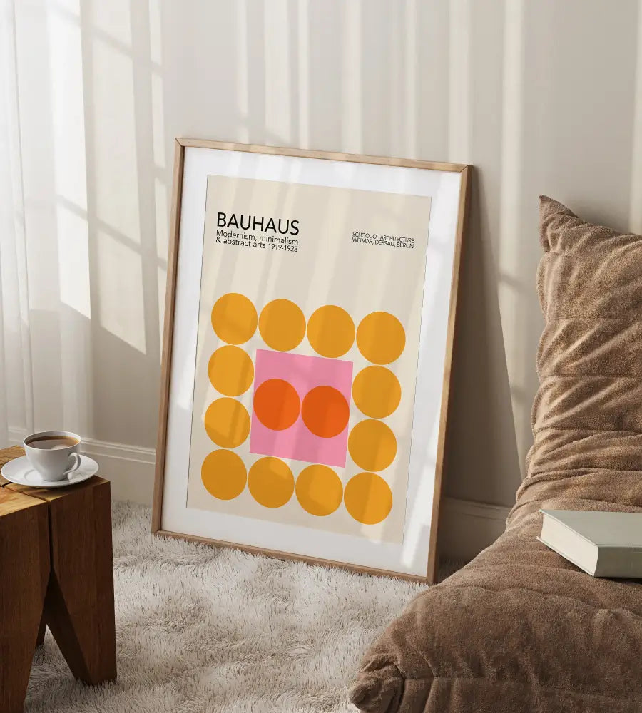 Mid century bauhaus orange & pink geometric canvas – living room art