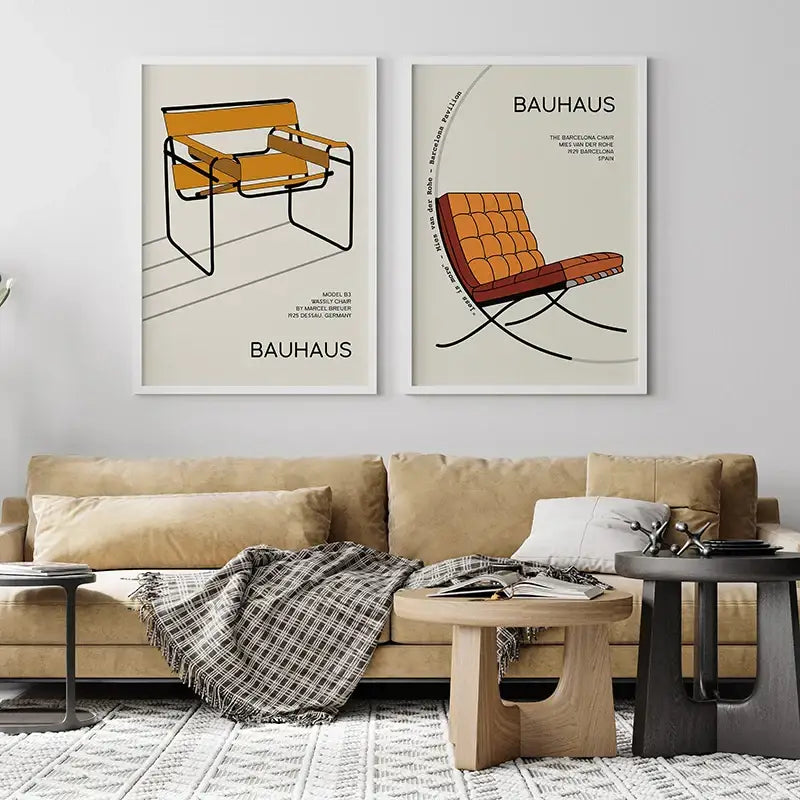 Bauhaus movement geometric orange & blue wall art living room poster