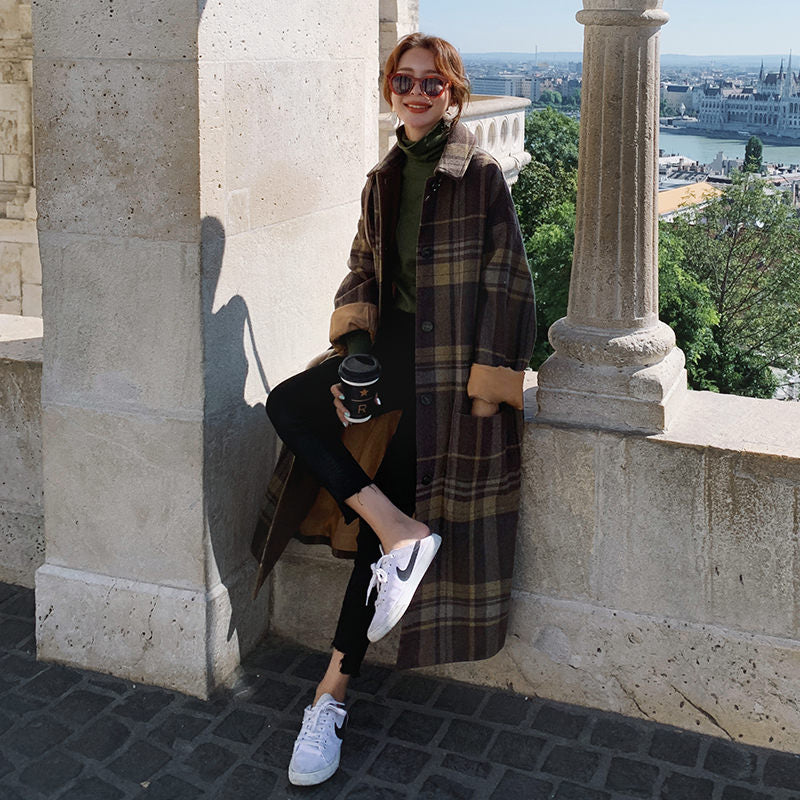 Women's Autumn And Winter Loose Thick Plaid Woolen Coat